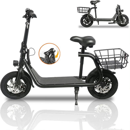 450W 36V Foldable Electric Scooters Bike, Adult Electric Moped Commuter Ebike Biycle Waterproof E-Scooter with Seat Basket 12 in Off-Road Tires, Black