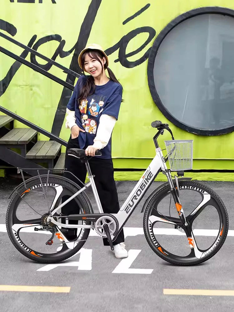 26'' Electric City Bike with Seat/Basket 2 Wheels Electric Bicycles Spoke Wheels 36V 350W Electric Bicycles Hidden Battery